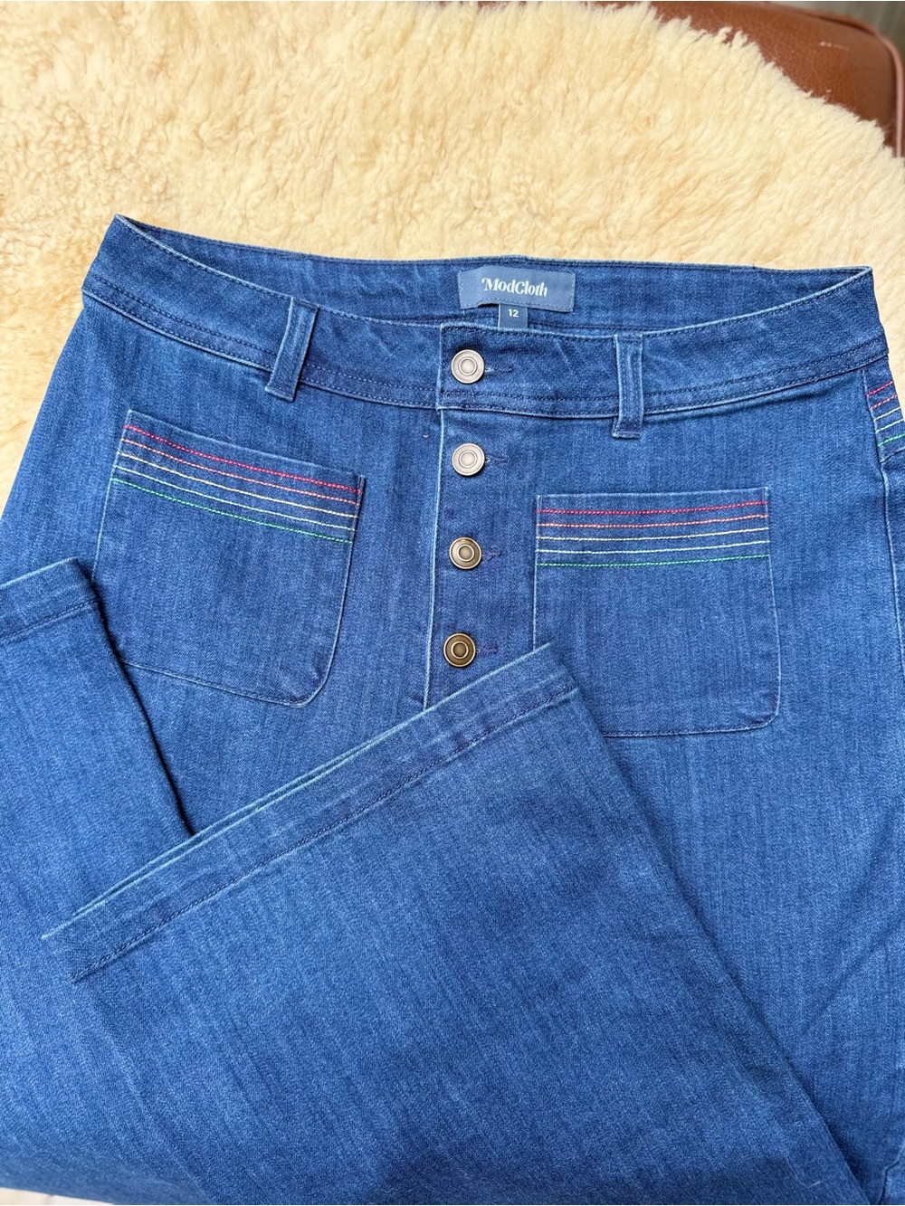 ModCloth Wide Leg Indigo High-Rise Button-Fly Jeans with Rainbow Topstitch
